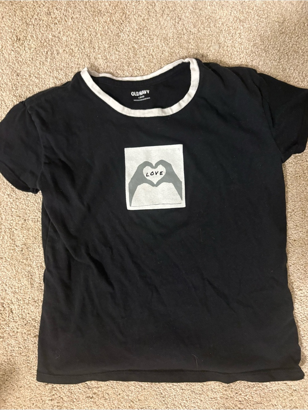 Old Navy Black T-Shirt with White Trim and Graphic Heart